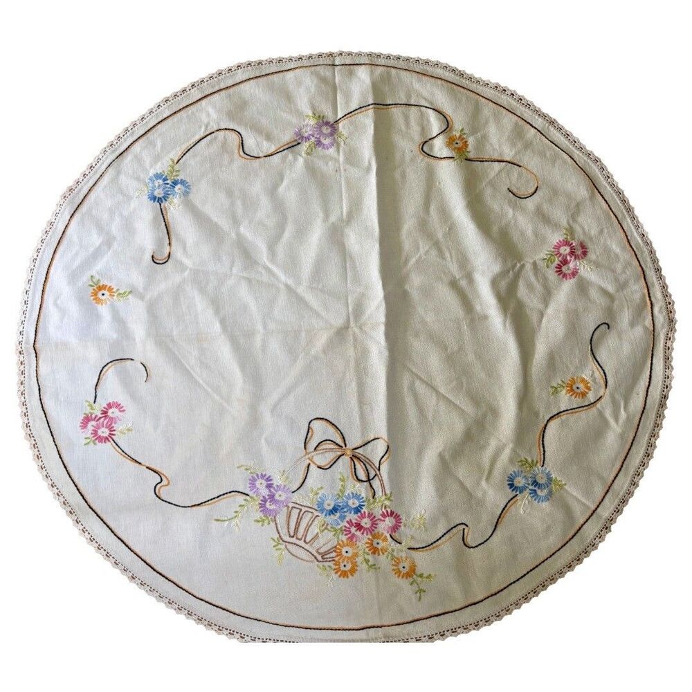 Vintage Needlepoint Table Cover Round Floral Basket Ribbon Lace Trim 35"